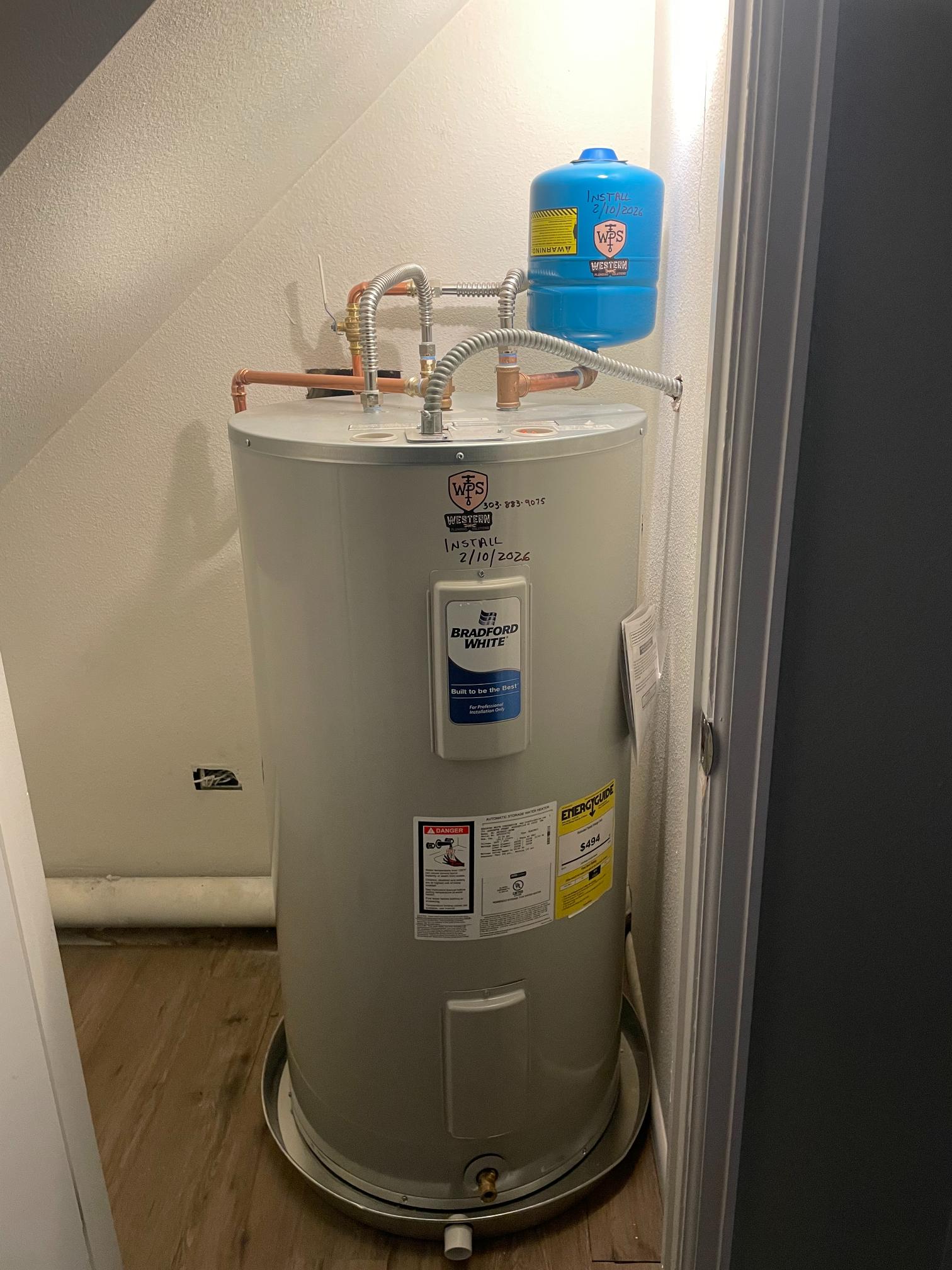Bradford White water heater install with WPS sticker, Littleton CO