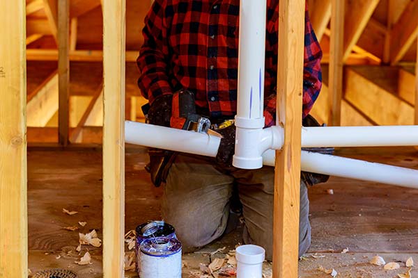 Plumber in a red plaid shirt kneeling between stud bays to glue a white PVC drain assembly together, primer can and a spare fitting on the subfloor beside him, Arvada, CO
